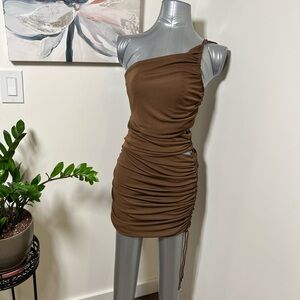Brown One-Shoulder Ruched Dress